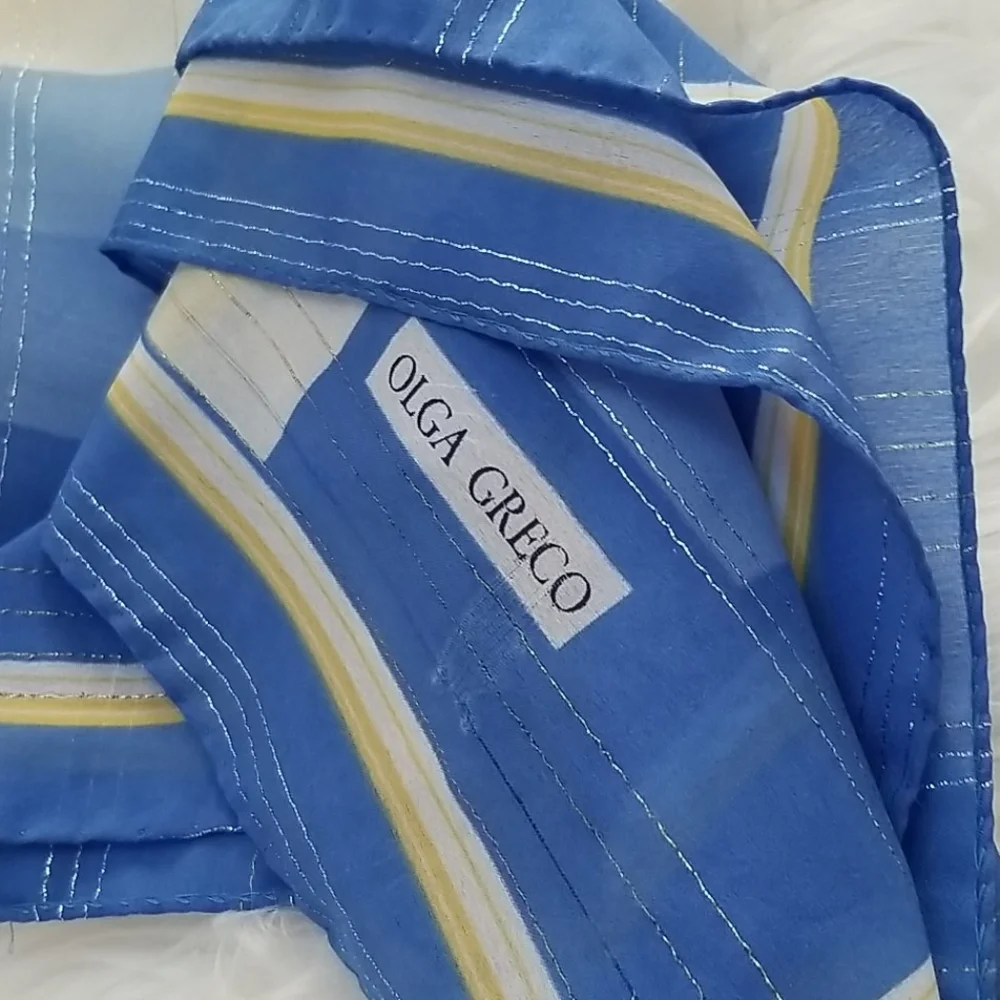 Olga Greco Blue Yellow Metallic Geometric Scarf